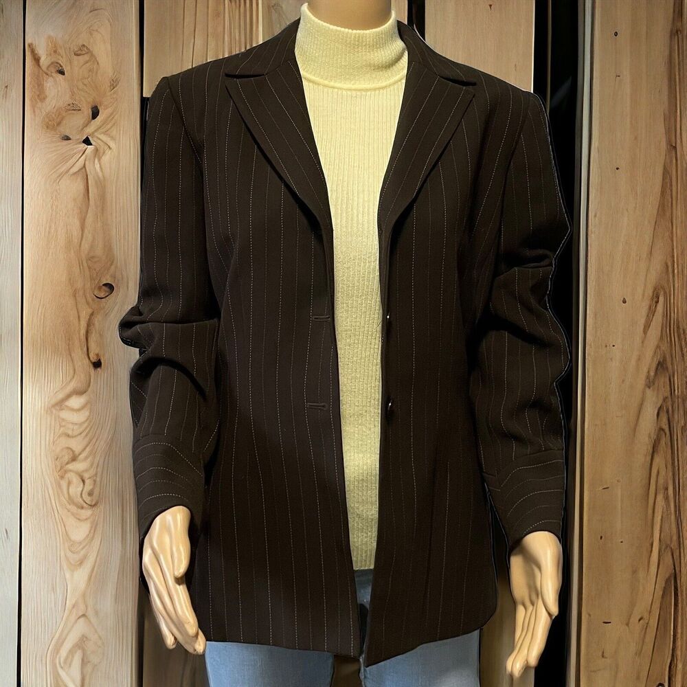 Liz Claiborne Woman Brown Striped Button Down Suit Blazer Jacket SZ/ 10